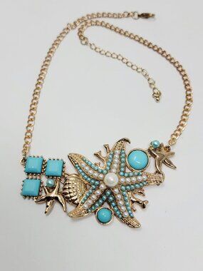 Gold Tone Starfish Statement Necklace Turquoise Cabochon Pearl Beachy 21"